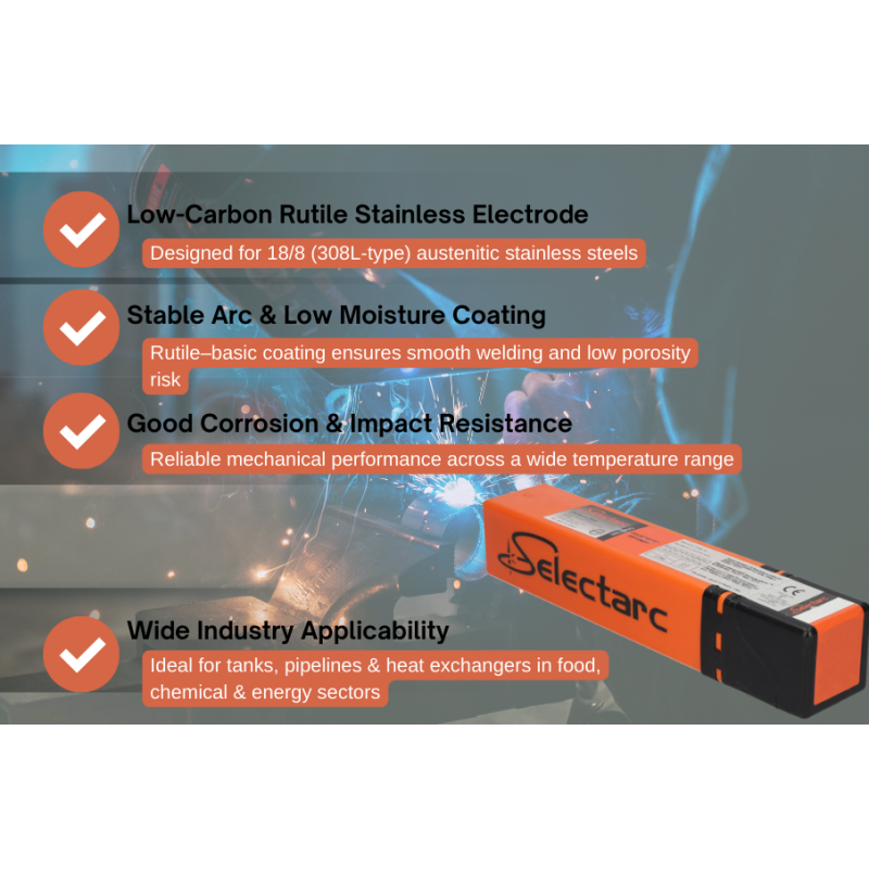 SELECTARC 20/10BC – Ruostumattoman teräksen elektrodi, jossa on standardi rutiilipinnoite