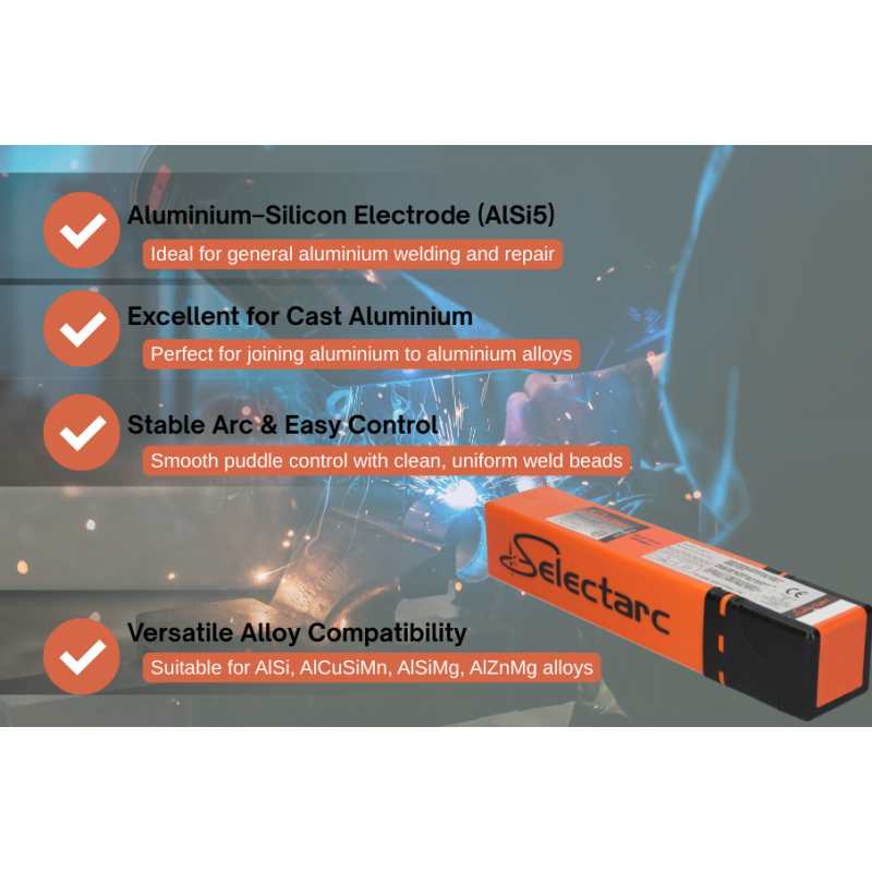 SELECTARC Al105 - Alumīnija elektrods ar 5 % silīcija saturu alumīnija un alumīnija sakausējumu metināšanai un remontam