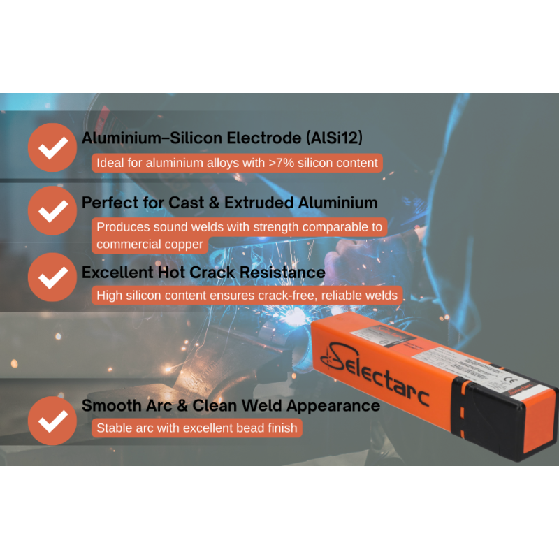 SELECTARC Al112 - Alumīnija elektrods ar 12% silīcija saturu alumīnija un alumīnija sakausējumu metināšanai un remontam