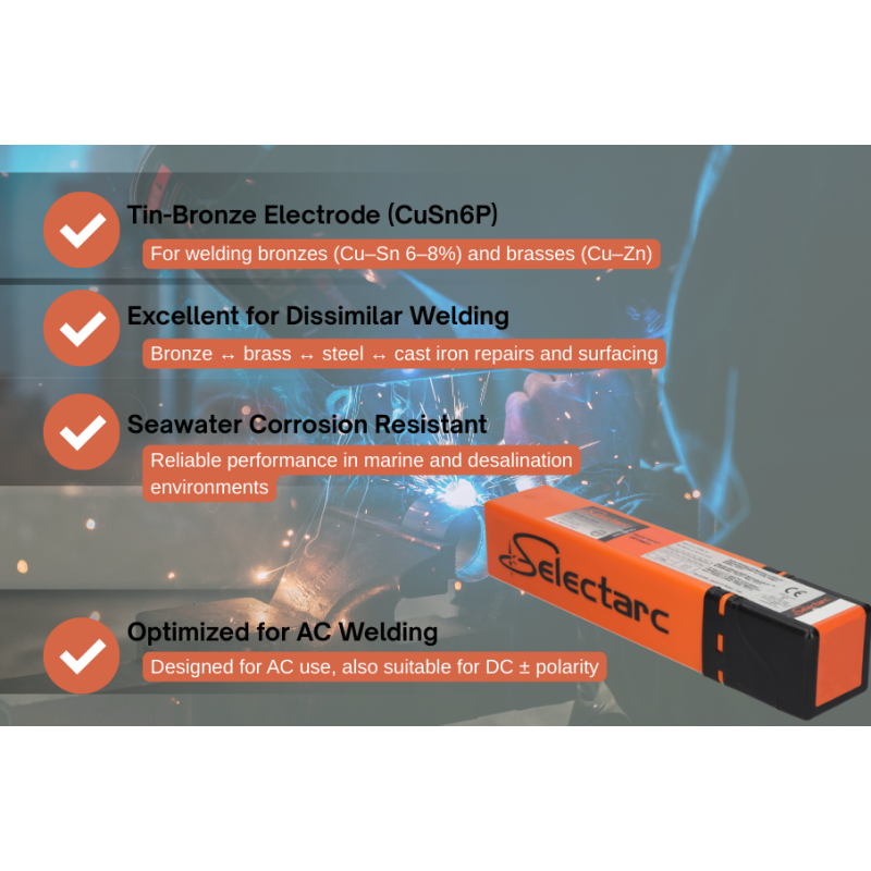 SELECTARC Cu114 - Basic coated tin-bronze electrode for welding bronzes and brasses
