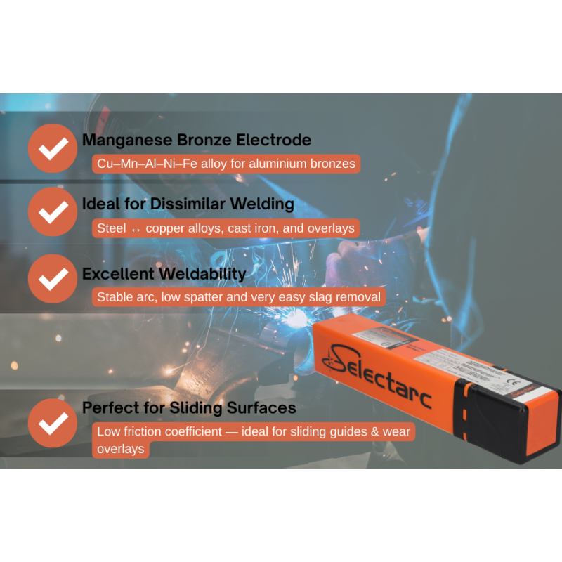 SELECTARC Cu118 Basic coated manganese bronze electrode for welding and surfacing aluminium bronzes and dissimilar joints