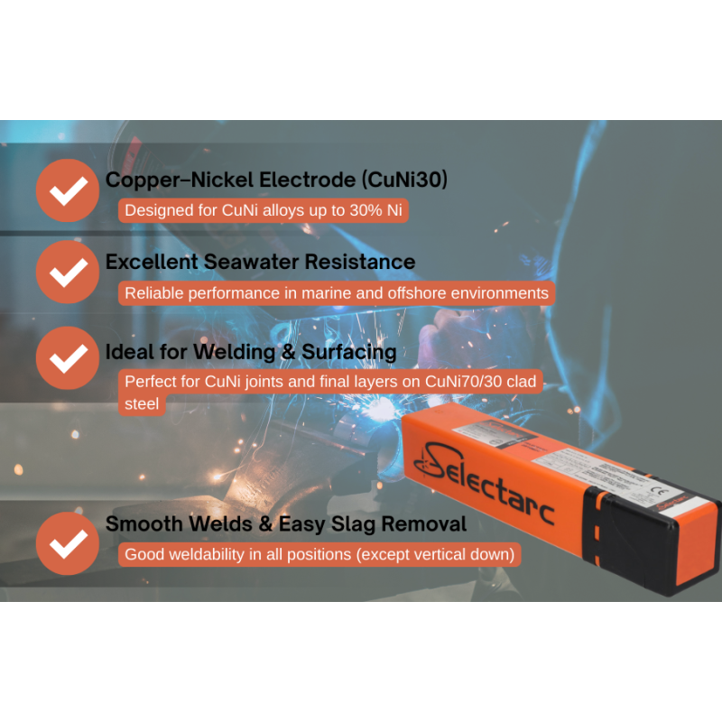 SELECTARC CuNi30 - Basic coated copper-nickel electrode for welding and surfacing seawater-resistant alloys