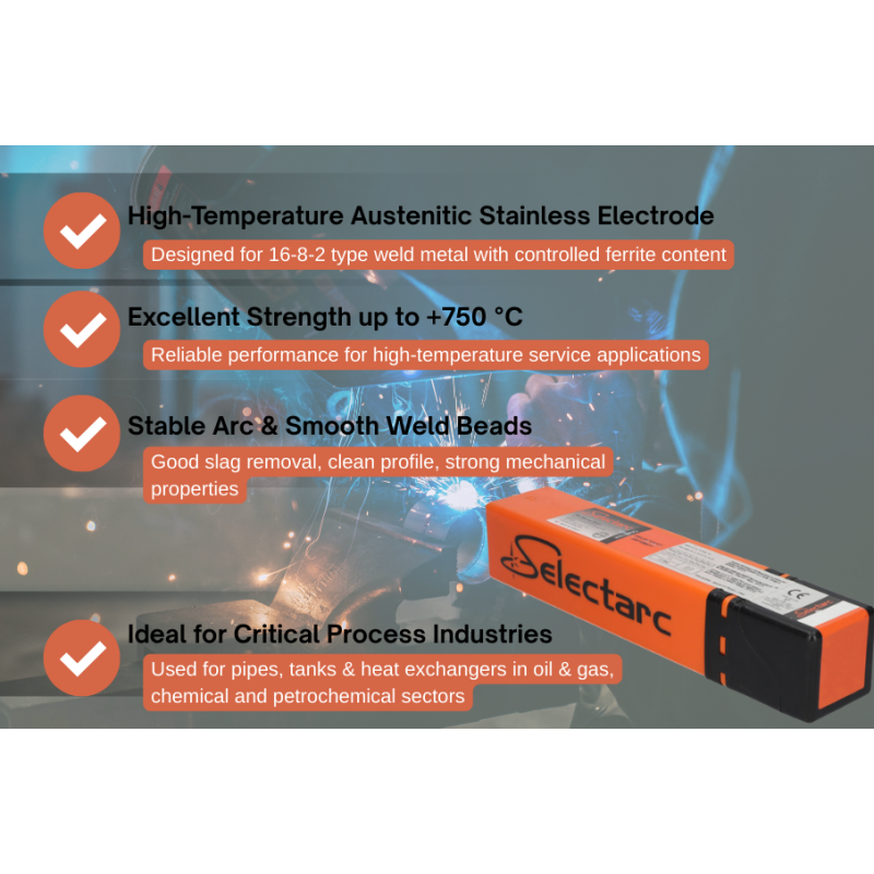 SELECTARC INOX 16-8-2B - Bāziskā pārklājuma austenītiskā nerūsējošā tērauda elektrods augstām darba temperatūrām