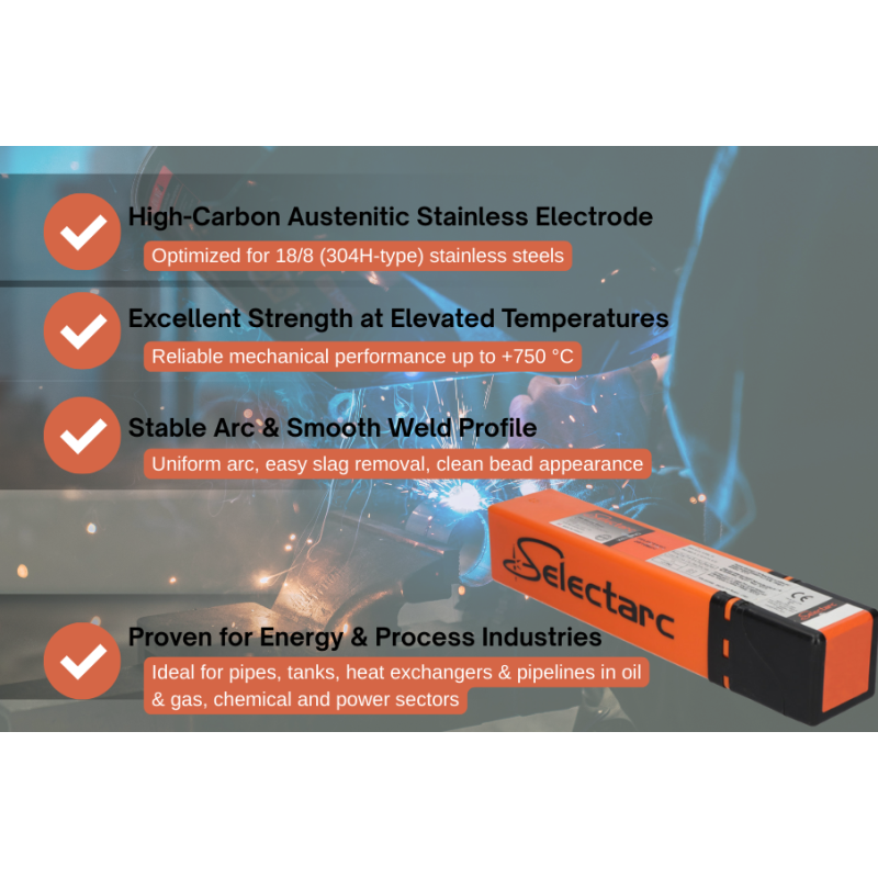 SELECTARC INOX 308HB - Bāziskā pārklājuma augsta oglekļa satura nerūsējošā tērauda elektrods 