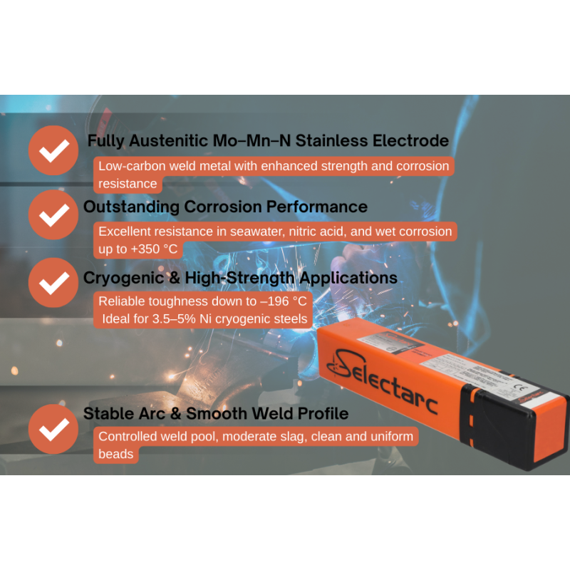 SELECTARC INOX 316MnNB - Bāziskā pārklājuma pilnīgi austenītisks nerūsējošā tērauda elektrods ar molibdēna, mangāna un slāpekļa piedevu