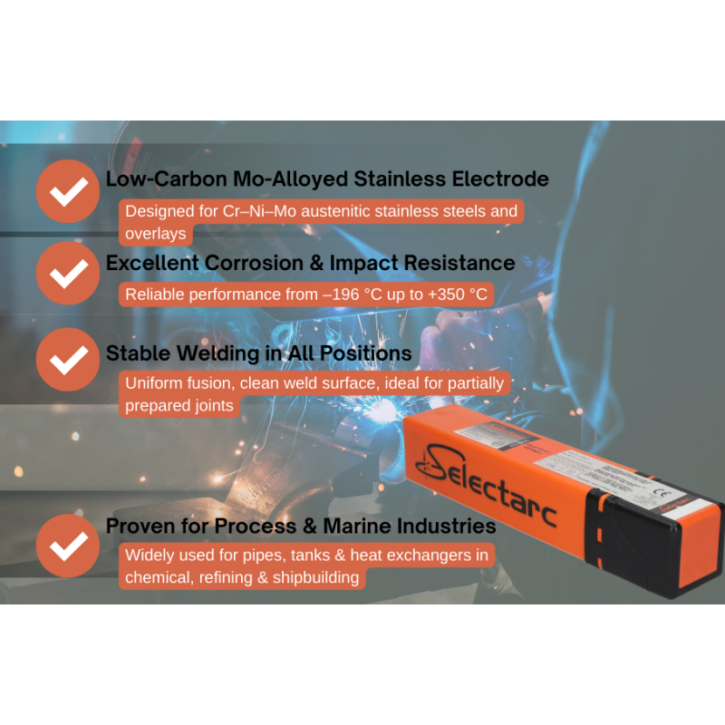 SELECTARC INOX 316NG - Zema oglekļa satura bāziskā pārklājuma nerūsējošā tērauda elektrods ar molibdēna piedevu