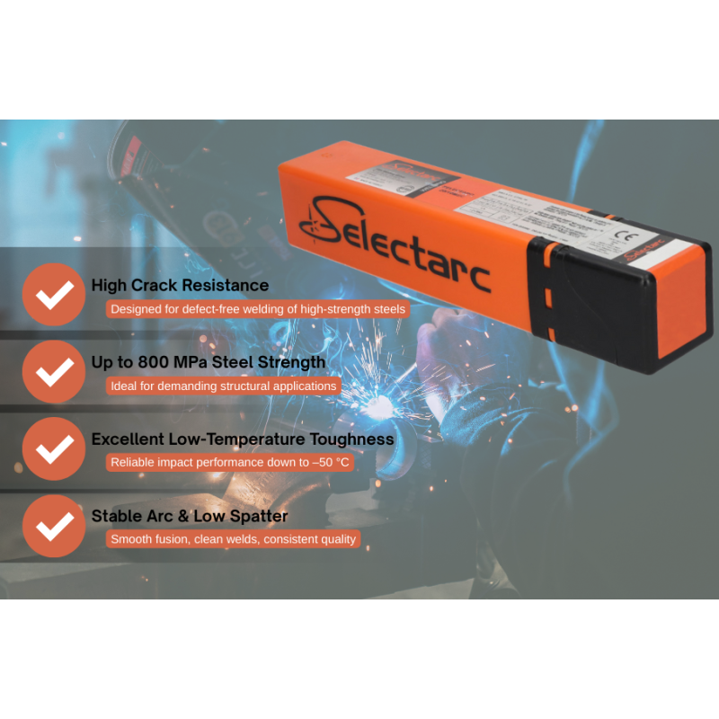 SELECTARC B70 - Bāziska pārklājuma elektrods ar augstu plaisāšanas izturību augstas izturības tēraudu metināšanai