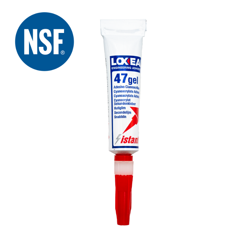 Loxeal 47 - Snabblim. NSF registrerad. Speciellt för användning som gellim (kategori S4) i och runt livsmedelsförädling. För vertikal limning